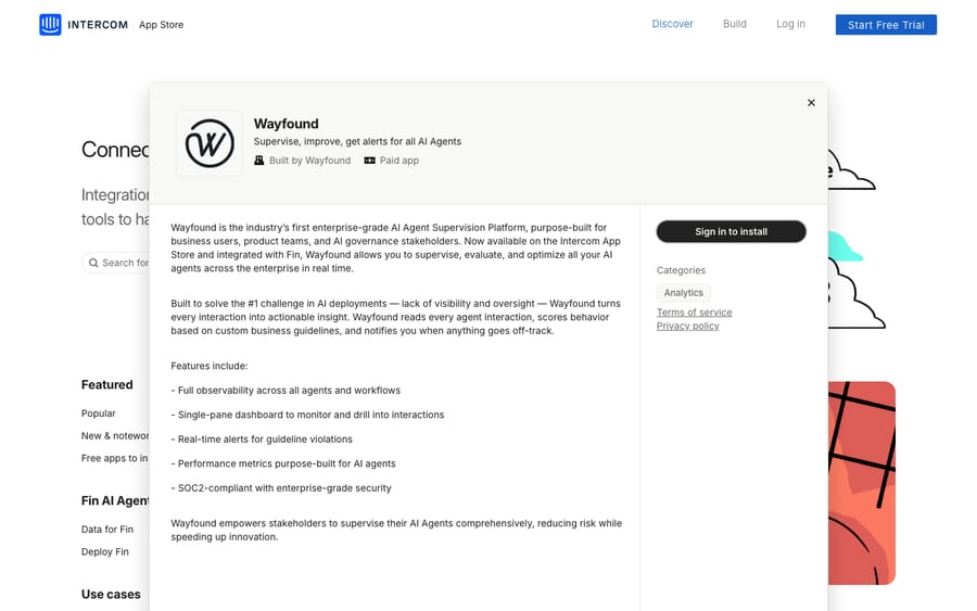 Wayfound's listing on the Intercom App Store, captured October 29, 2026