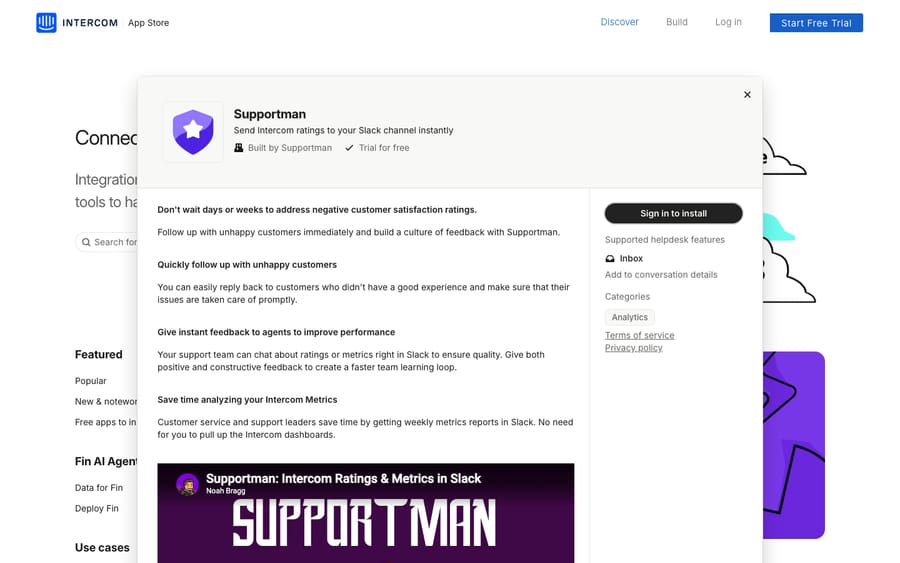 Supportman's listing on the Intercom App Store, captured October 29, 2026