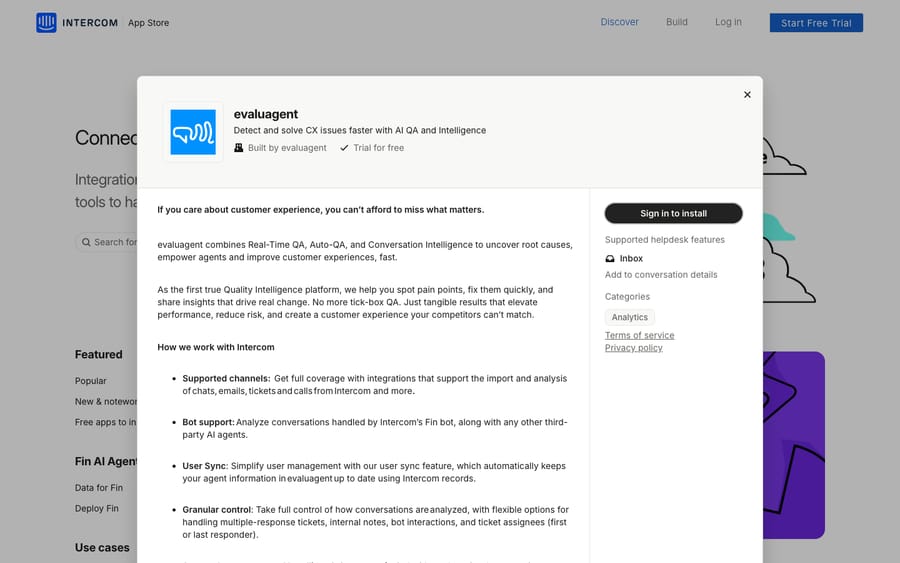 evaluagent's listing on the Intercom App Store, captured October 29, 2026