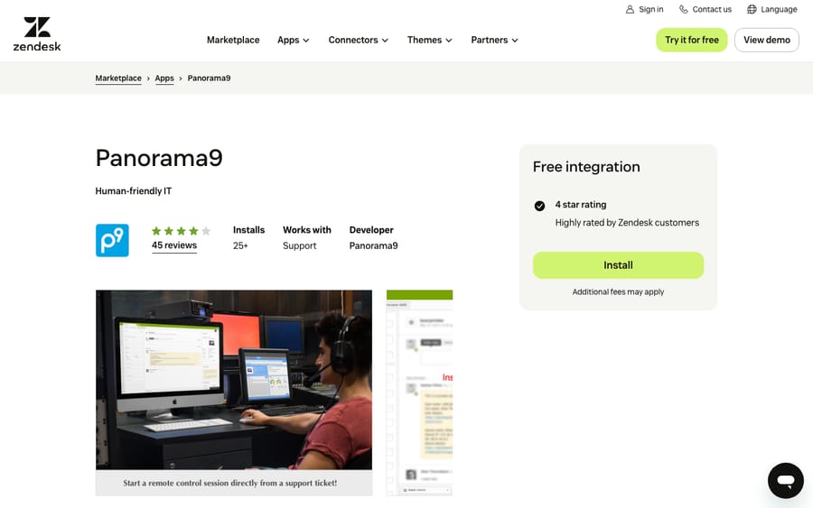 Panorama9's listing on the Zendesk Marketplace, captured October 29, 2026