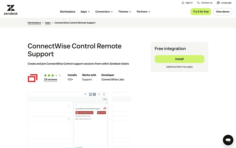 ConnectWise Control Remote Support's listing on the Zendesk Marketplace, captured October 29, 2026
