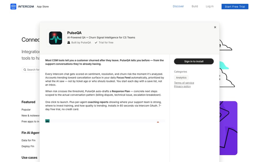 PulseQA's listing on the Intercom App Store, captured October 29, 2026