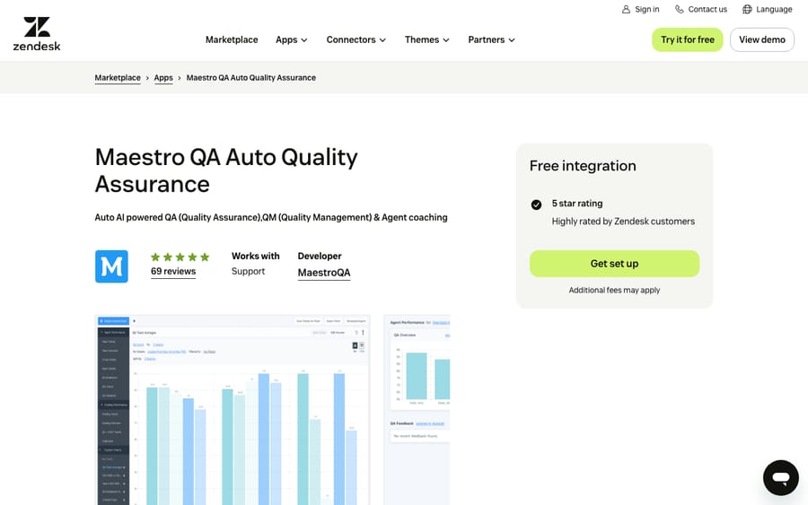 Maestro QA Auto Quality Assurance's listing on the Zendesk Marketplace, captured October 29, 2026