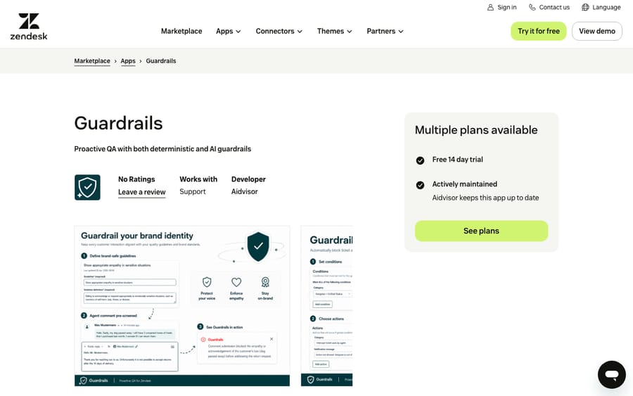 Guardrails' listing on the Zendesk Marketplace, captured October 29, 2026