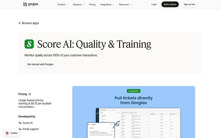 Score AI's listing on the Gorgias App Store, captured October 29, 2026