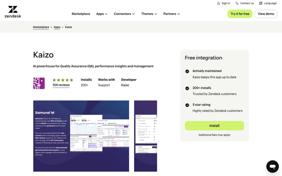 Kaizo's listing on the Zendesk Marketplace, captured October 29, 2026