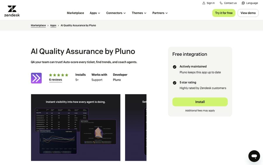 AI Quality Assurance by Pluno's listing on the Zendesk Marketplace, captured October 29, 2026