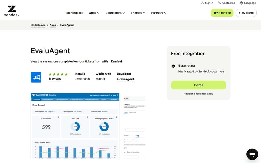 EvaluAgent's listing on the Zendesk Marketplace, captured October 29, 2026