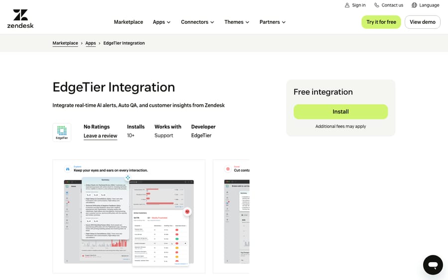 EdgeTier Integration's listing on the Zendesk Marketplace, captured October 29, 2026