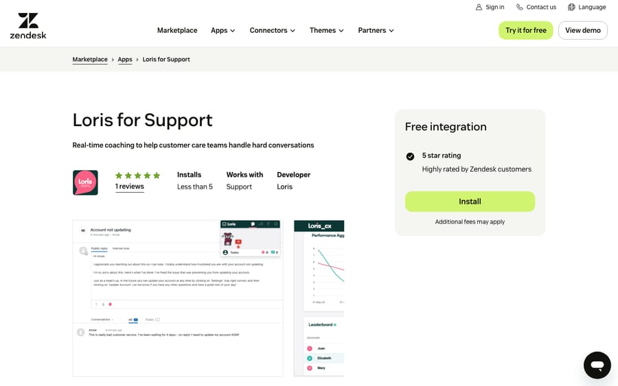 Loris for Support's listing on the Zendesk Marketplace, captured October 29, 2026