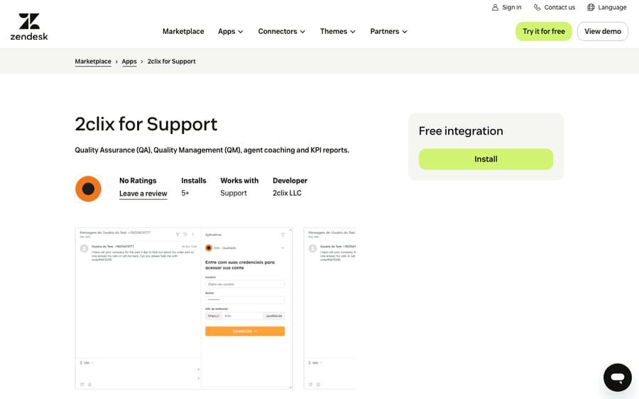 2clix for Support's listing on the Zendesk Marketplace, captured October 29, 2026