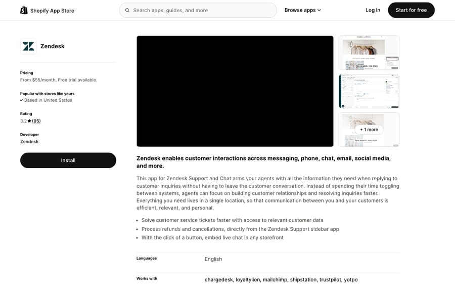 Zendesk's listing on the Shopify App Store, US view captured October 30, 2026 via the Wayback Machine