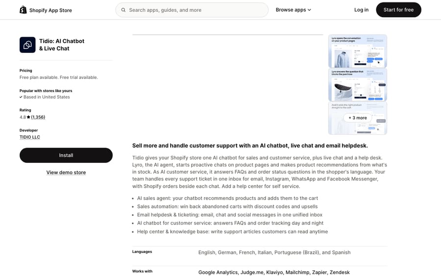 Tidio's listing on the Shopify App Store, US view captured October 30, 2026 via the Wayback Machine