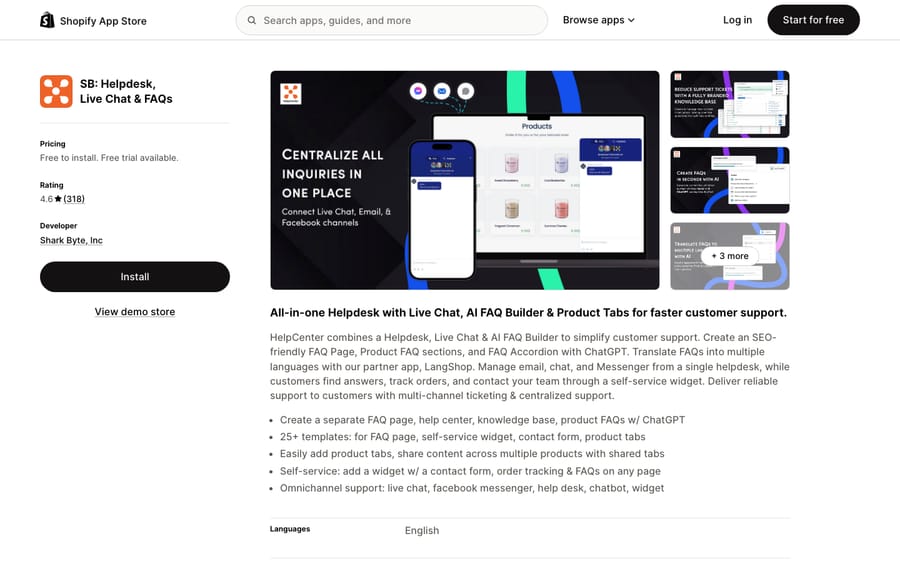 SB: Helpdesk, Live Chat & FAQs' listing on the Shopify App Store, US view captured October 30, 2026 via the Wayback Machine