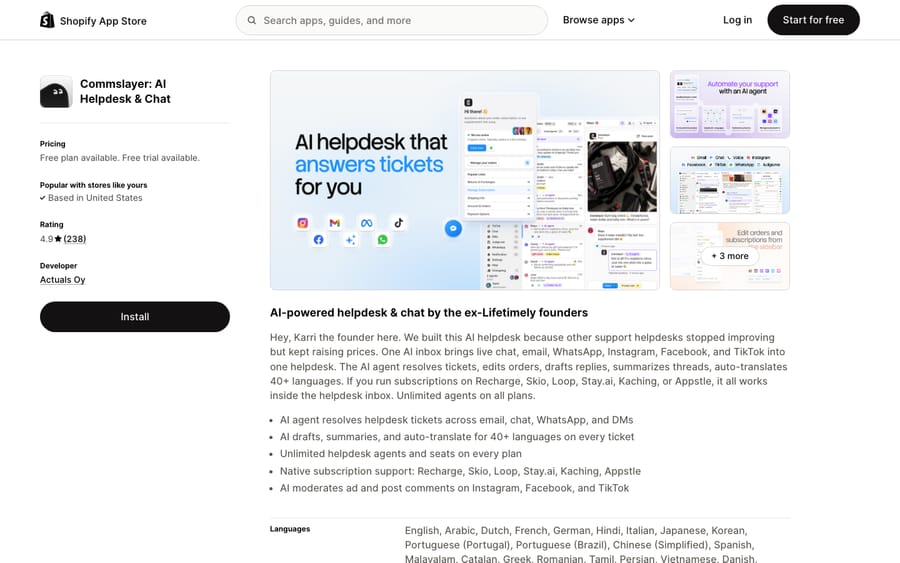 Commslayer's listing on the Shopify App Store, US view captured October 30, 2026 via the Wayback Machine