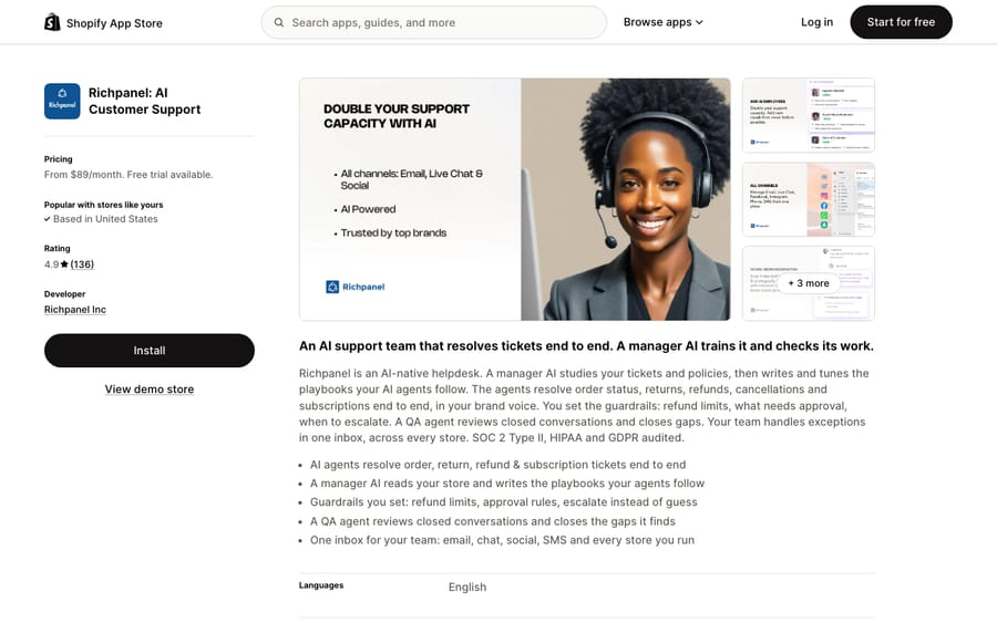 Richpanel's listing on the Shopify App Store, US view captured October 30, 2026 via the Wayback Machine
