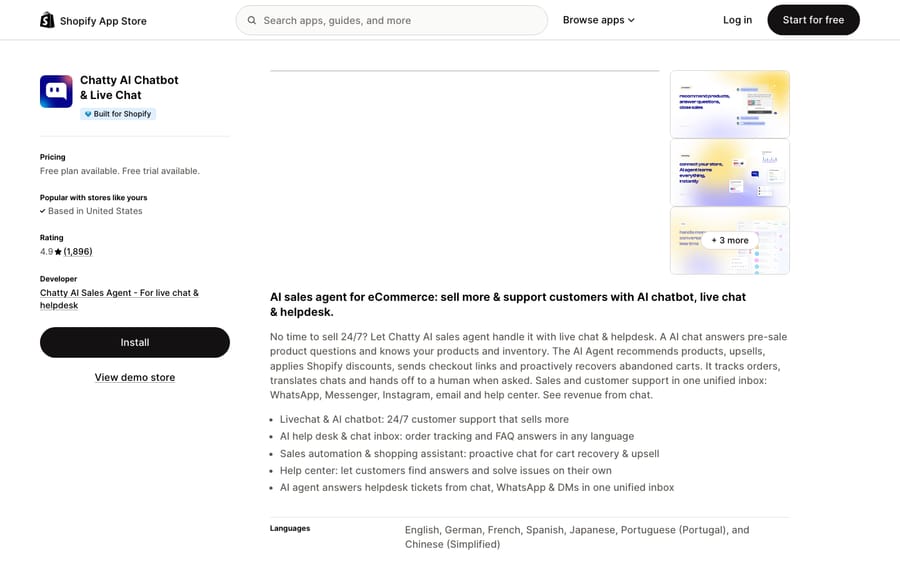 Chatty's listing on the Shopify App Store, US view captured October 30, 2026 via the Wayback Machine