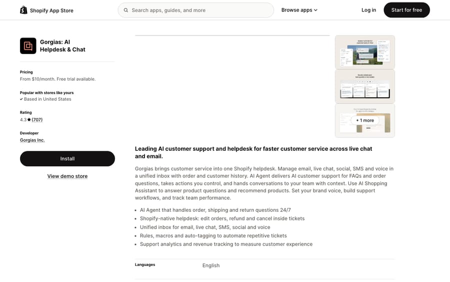 Gorgias's listing on the Shopify App Store, US view captured October 30, 2026 via the Wayback Machine