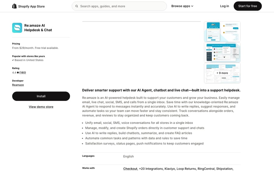 Re:amaze's listing on the Shopify App Store, US view captured October 30, 2026 via the Wayback Machine
