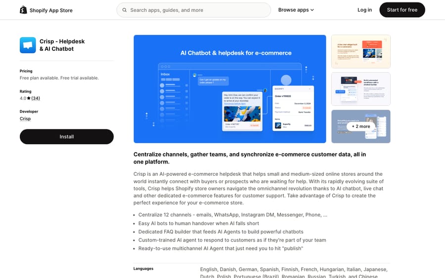 Crisp's listing on the Shopify App Store, US view captured October 30, 2026 via the Wayback Machine