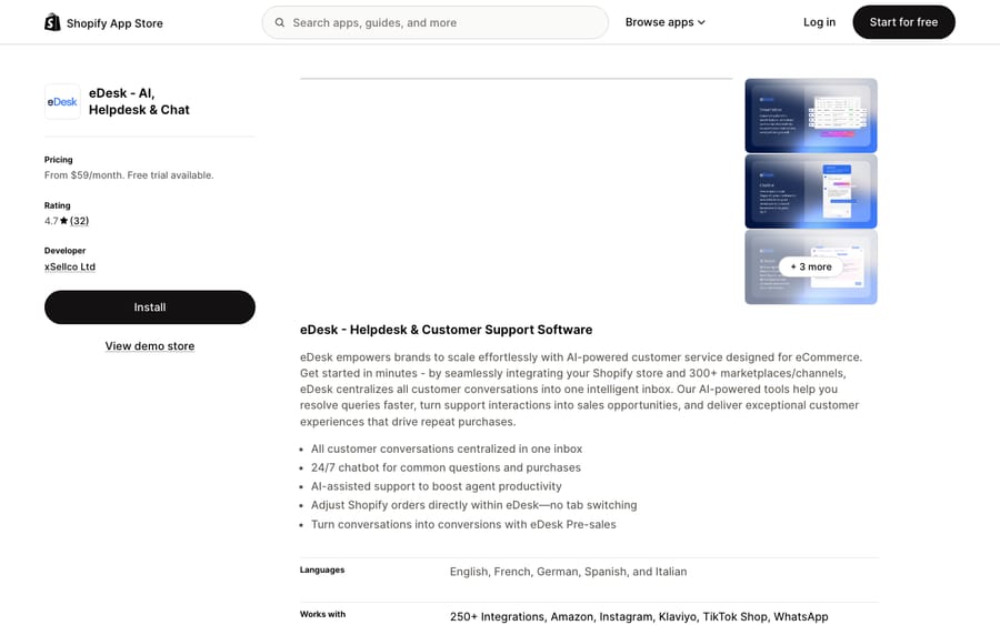 eDesk's listing on the Shopify App Store, US view captured October 30, 2026 via the Wayback Machine