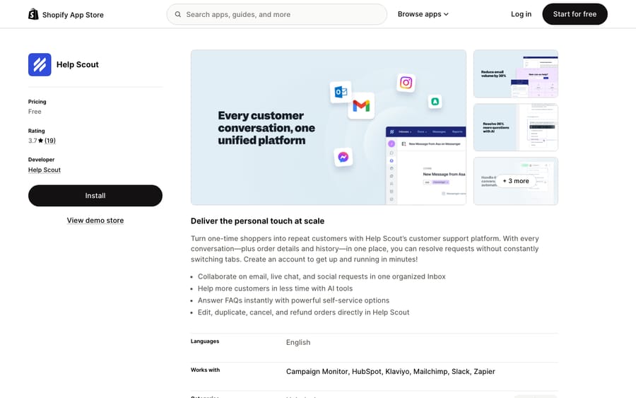 Help Scout's listing on the Shopify App Store, US view captured October 30, 2026 via the Wayback Machine