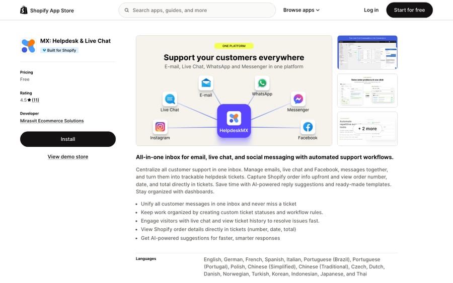 MX: Helpdesk & Live Chat's listing on the Shopify App Store, US view captured October 30, 2026 via the Wayback Machine