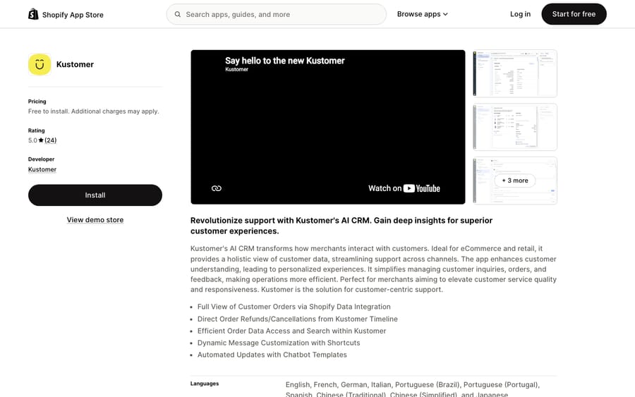 Kustomer's listing on the Shopify App Store, US view captured October 30, 2026 via the Wayback Machine