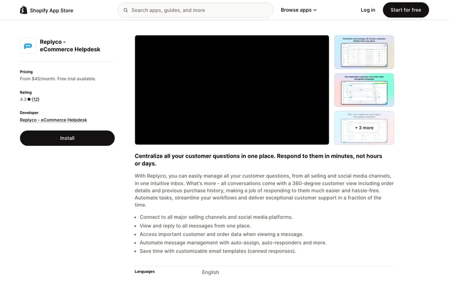 Replyco's listing on the Shopify App Store, US view captured October 30, 2026 via the Wayback Machine