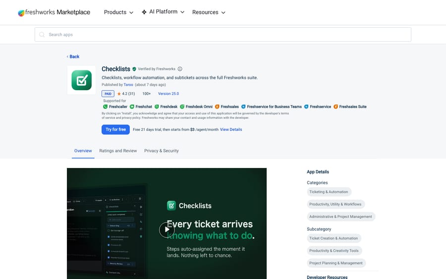 Checklists' listing on the Freshworks Marketplace, US view captured October 30, 2026 via the Wayback Machine
