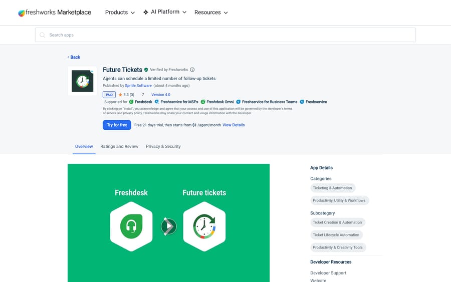 Future Tickets' listing on the Freshworks Marketplace, US view captured October 30, 2026 via the Wayback Machine