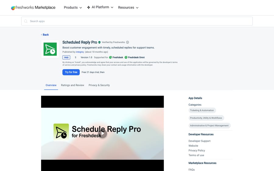 Scheduled Reply Pro's listing on the Freshworks Marketplace, US view captured October 30, 2026 via the Wayback Machine
