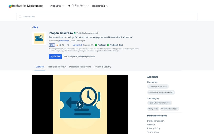 Reopen Ticket Pro's listing on the Freshworks Marketplace, US view captured October 30, 2026 via the Wayback Machine