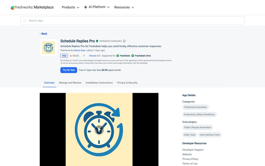 Schedule Replies Pro's listing on the Freshworks Marketplace, US view captured October 30, 2026 via the Wayback Machine