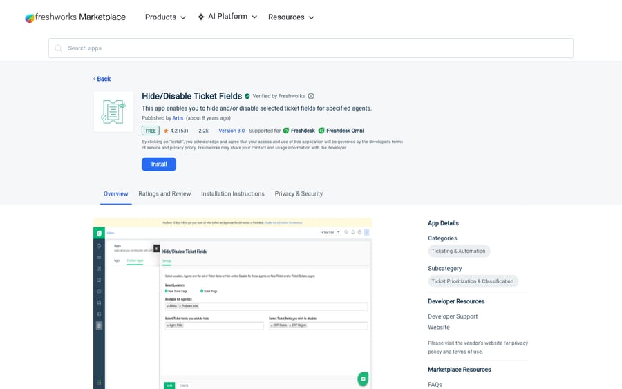 Hide/Disable Ticket Fields' listing on the Freshworks Marketplace, US view captured October 30, 2026 via the Wayback Machine