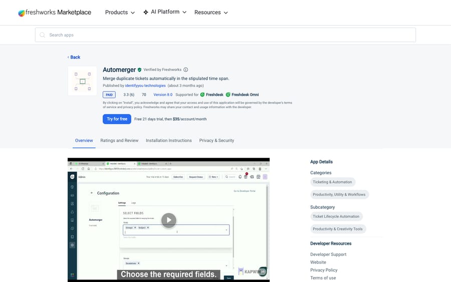 Automerger's listing on the Freshworks Marketplace, US view captured October 30, 2026 via the Wayback Machine
