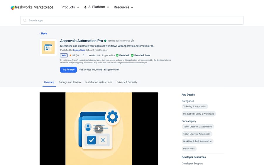 Approvals Automation Pro's listing on the Freshworks Marketplace, US view captured October 30, 2026 via the Wayback Machine