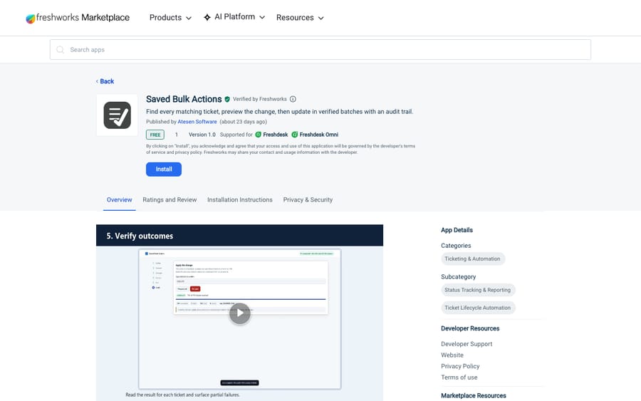 Saved Bulk Actions' listing on the Freshworks Marketplace, US view captured October 30, 2026 via the Wayback Machine
