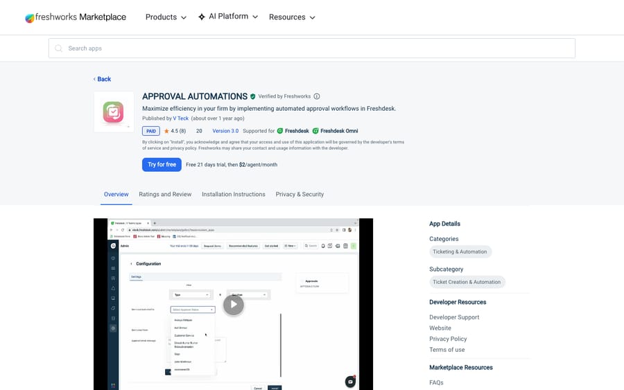 APPROVAL AUTOMATIONS' listing on the Freshworks Marketplace, US view captured October 30, 2026 via the Wayback Machine