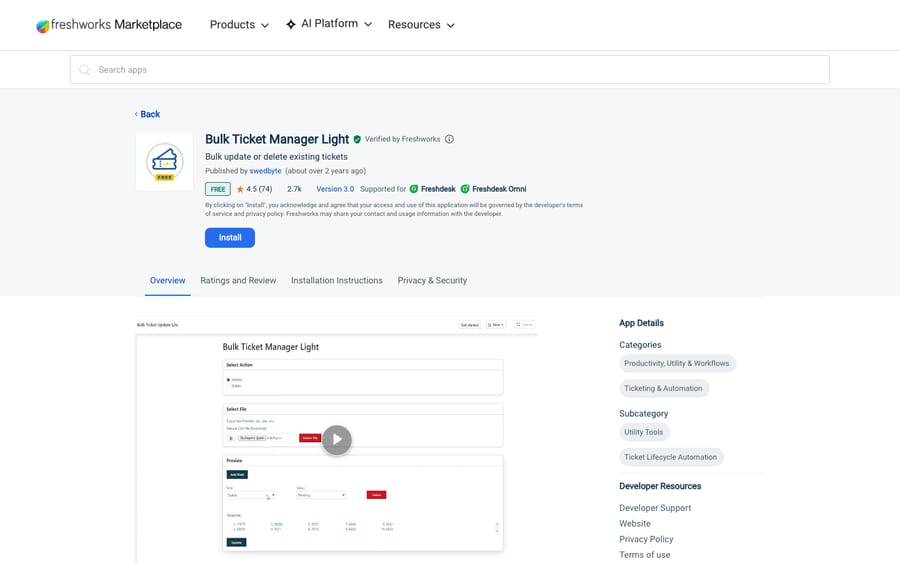 Bulk Ticket Manager Light's listing on the Freshworks Marketplace, US view captured October 30, 2026 via the Wayback Machine