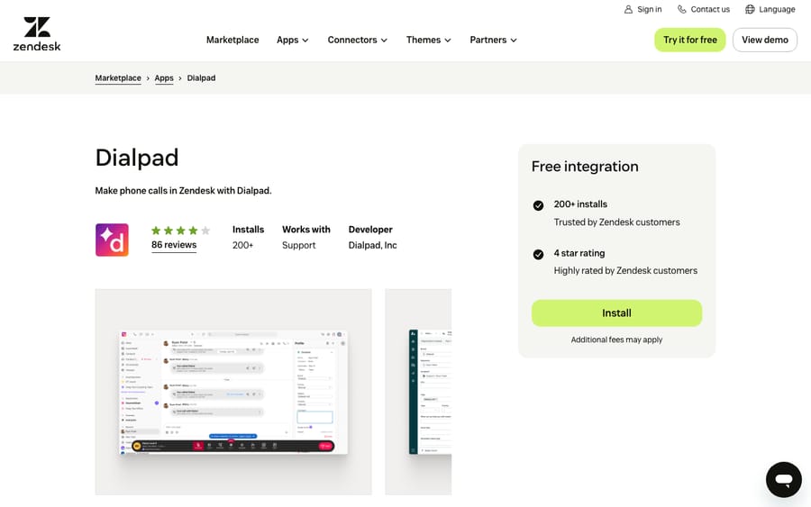 Dialpad's listing on the Zendesk Marketplace, captured October 30, 2026