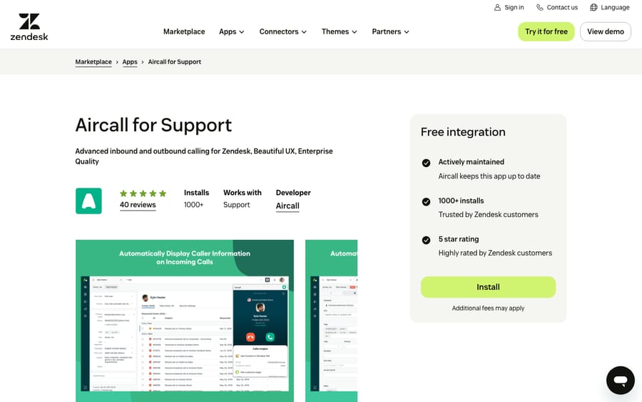 Aircall for Support's listing on the Zendesk Marketplace, captured October 30, 2026
