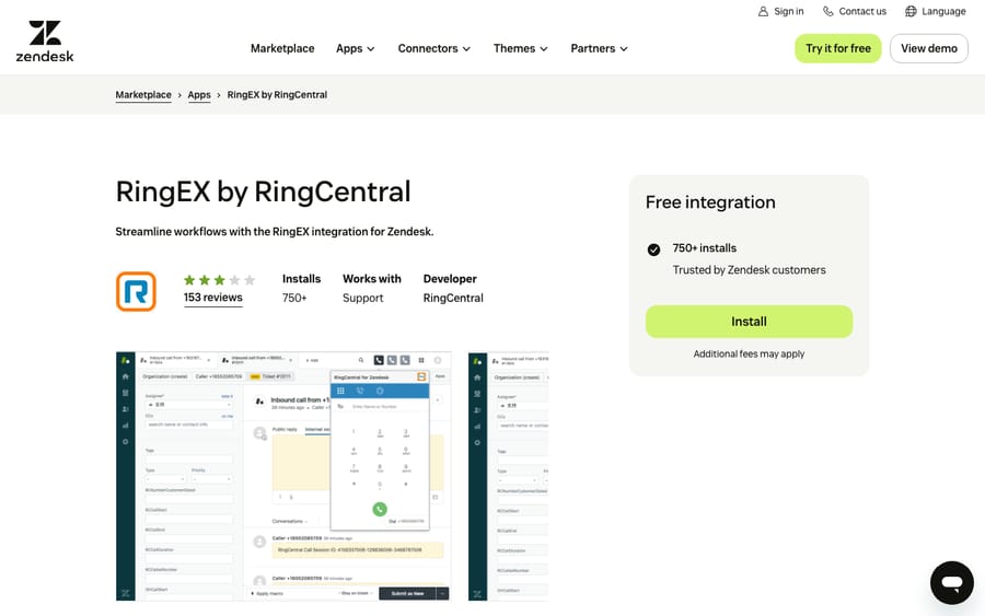 RingEX by RingCentral's listing on the Zendesk Marketplace, captured October 30, 2026