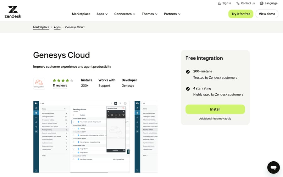 Genesys Cloud's listing on the Zendesk Marketplace, captured October 30, 2026
