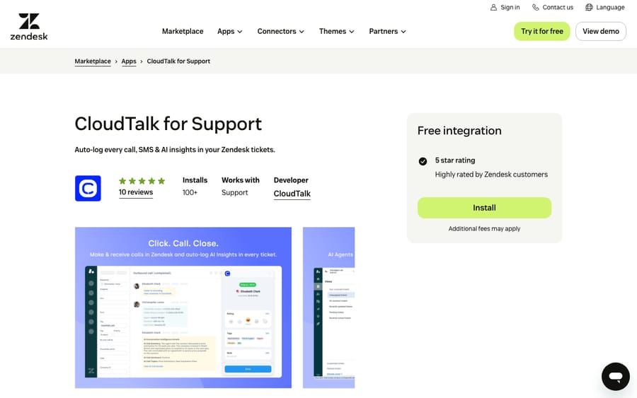 CloudTalk for Support's listing on the Zendesk Marketplace, captured October 30, 2026