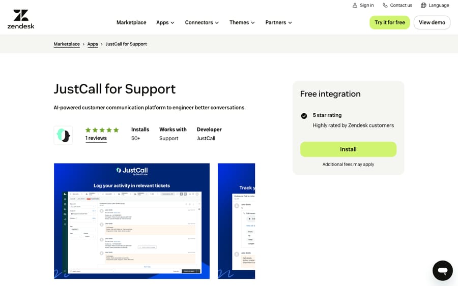JustCall for Support's listing on the Zendesk Marketplace, captured October 30, 2026