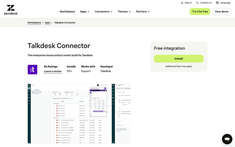 Talkdesk Connector's listing on the Zendesk Marketplace, captured October 30, 2026