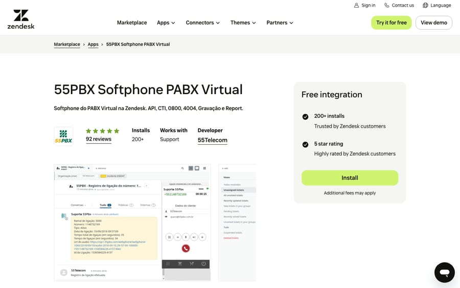 55PBX Softphone PABX Virtual's listing on the Zendesk Marketplace, captured October 30, 2026