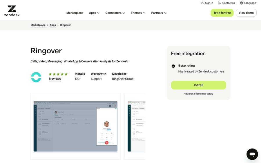 Ringover's listing on the Zendesk Marketplace, captured October 30, 2026