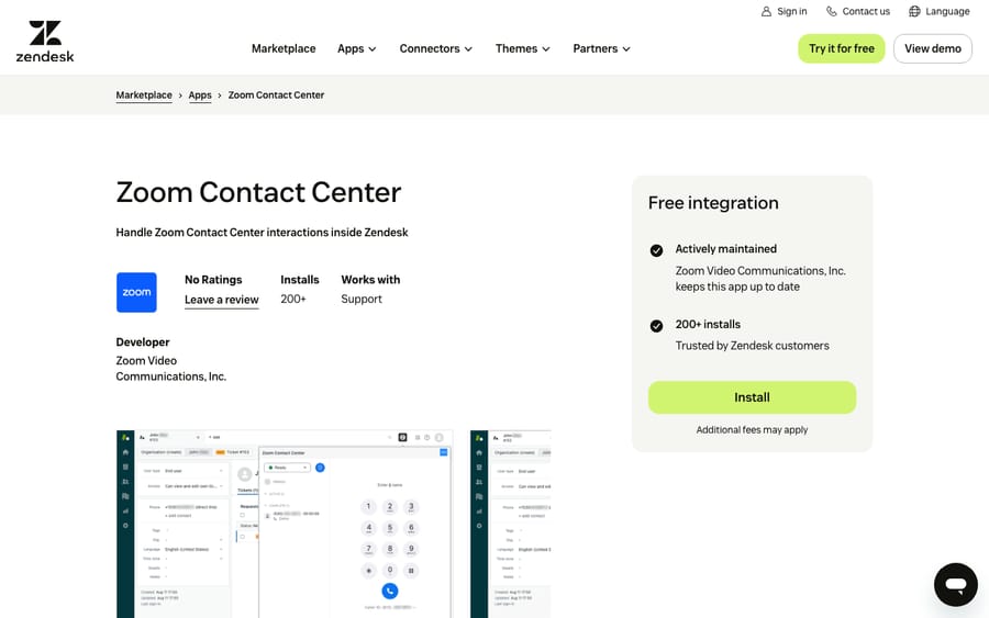 Zoom Contact Center's listing on the Zendesk Marketplace, captured October 30, 2026